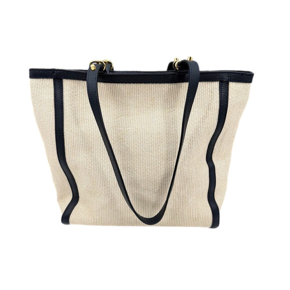 Mark & Graham Neutral Cream Raffia Woven Black Leather Large Casual Tote Bag